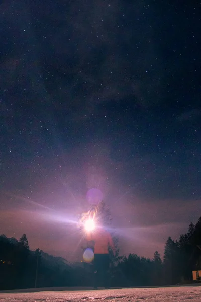 Person Walking Torch Night Swiss Mountains Adelboden Bern Switzerland — Stock Photo, Image