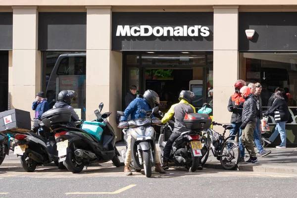 Gig Economy Motorcycle Cycle Food Delivery Couriers Gather Branch Mcdonalds — Stock Photo, Image