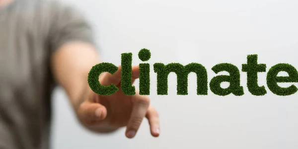 Una Mano Masculina Apuntando Palabra Clima Diseñada Verde — Foto de Stock