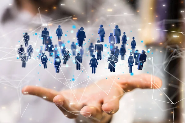 Hand Holding Rendered Human Icons Connected Dots Digital Network Data — Stock Photo, Image