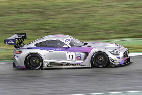 Den Selektiva Fokusbilden Mercedes Benz Amg Gt3 Snabbracerbil Banan — Stockfoto