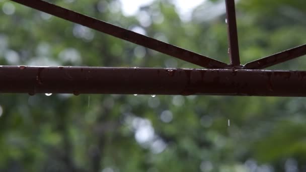 Sebuah Rekaman Closeup Dari Tetes Hujan Pada Pipa Coklat Cuaca — Stok Video