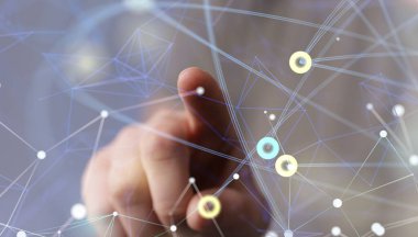Küresel bir ağ konsepti için hazırlanmış 3D 'ye dokunan bir elin yakın çekimi