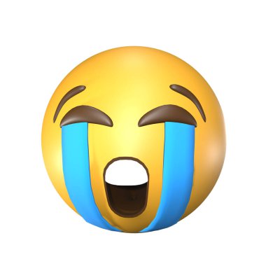 Beyaz arkaplanda ağlayan sarı bir emojinin 3 boyutlu bir çizimi