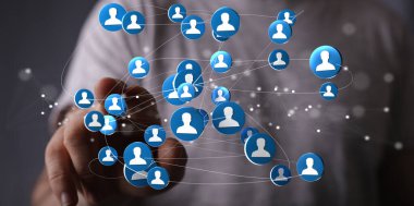 Sinir ağlarıyla bağlantılı mavi çemberlerdeki insan figürlerinin 3 boyutlu bir yansıması ve bir parmak.