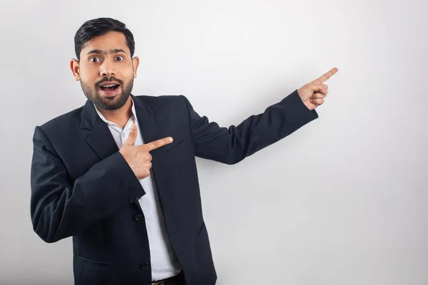 Surprised Businessman Pointing Fingers Blank Space White Background Advertisement Ads — Stock Photo, Image