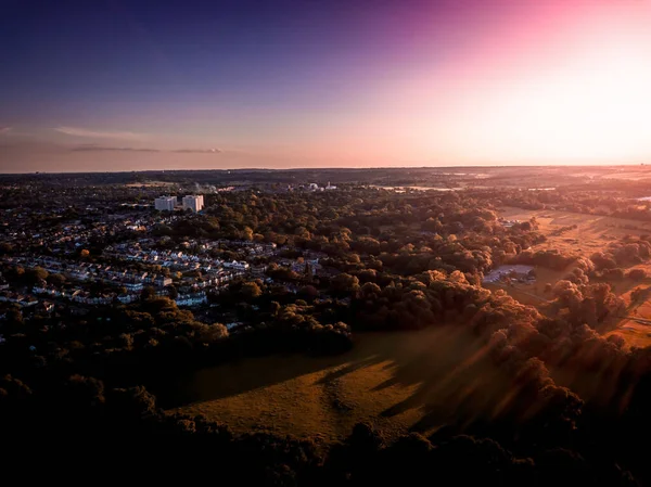 Beautiful Aerial View Town Traditional British Houses Farmland Sunrise — Stock Photo, Image