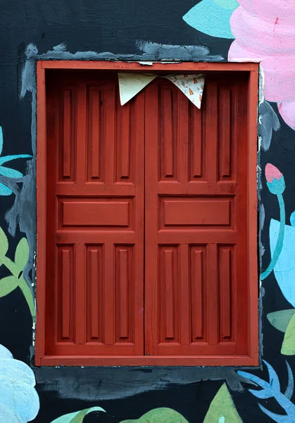 Closeup Shot Small Window Red Wooden Window Shutters Colorful Painted — Stock Photo, Image