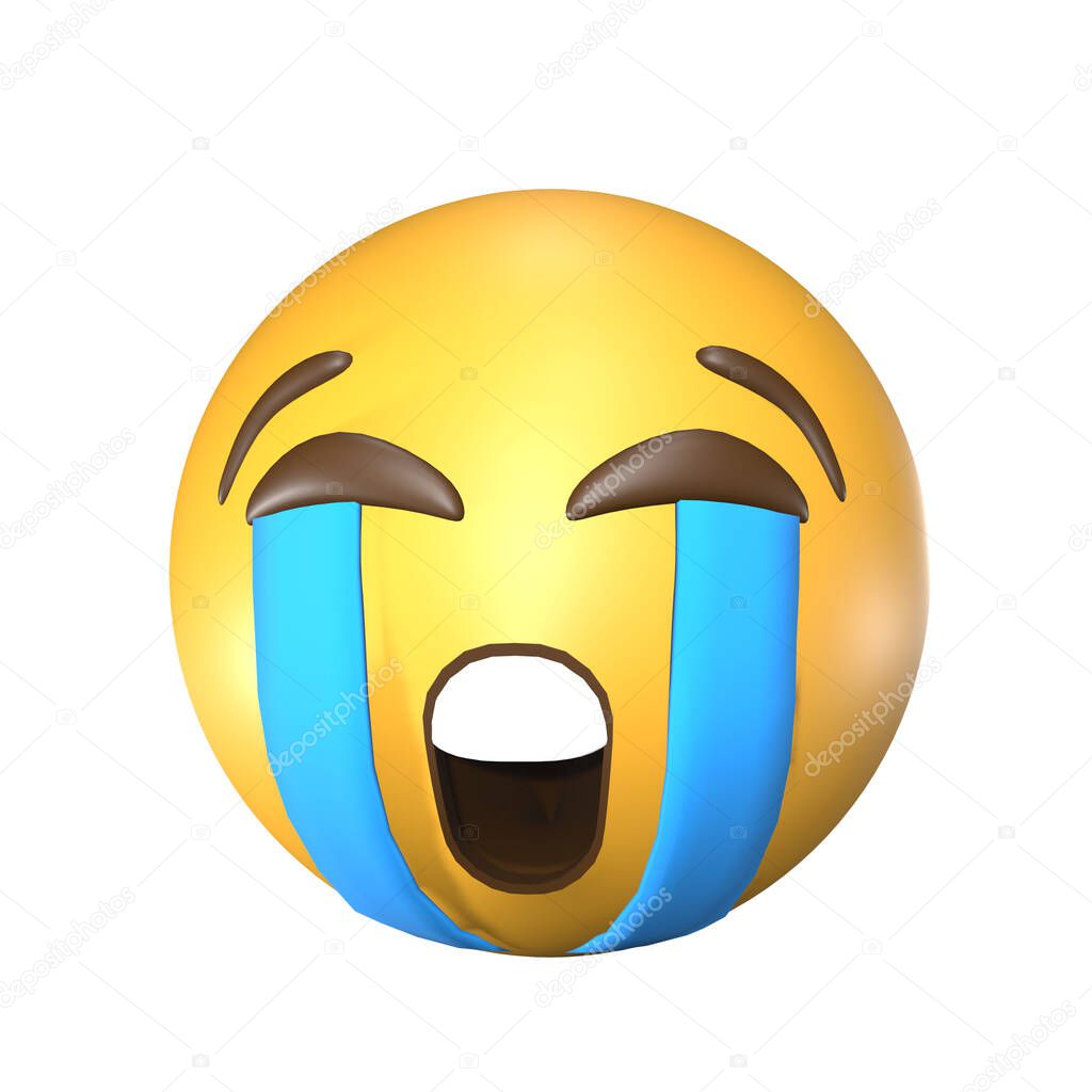 A 3D illustration of a yellow crying emoji on a white background