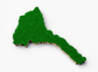 Eritre haritasının düz beyaz arka planda yeşil çimenli bir jeoloji modelinin 3 boyutlu görüntüsü