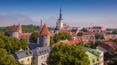 Tallinn, Estonya 'daki Toompea kireçtaşı tepesinin manzarası. Arkasında parlak mavi bir gökyüzü var.