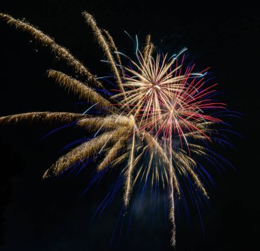 The bright colorful splashes of firework in the dark sky during a national holiday