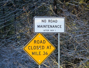 Ağaç dallarının arka planında iki yol bakım uyarı levhası yok.