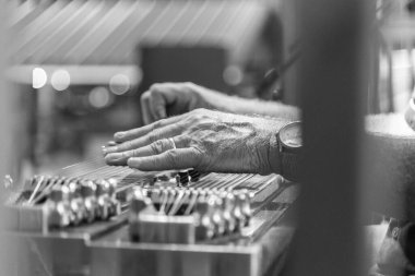 Bir gitaristin gri tonlu el çekimi.