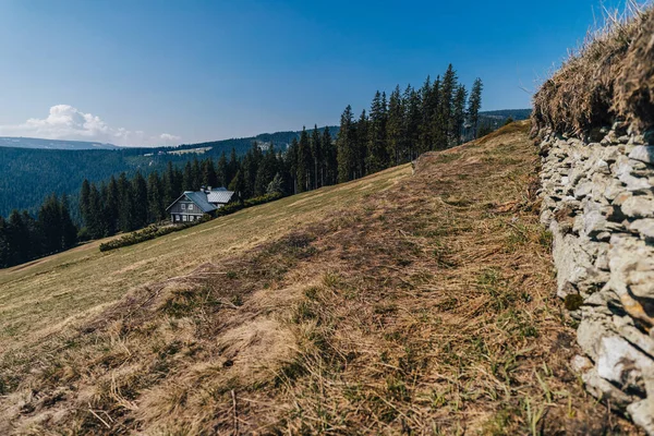 チェコ共和国クルコノセ国立公園の伝統的な山小屋 高い山の牧草地や巨人山脈 ボヘミアの伝統的な木造住宅 — ストック写真