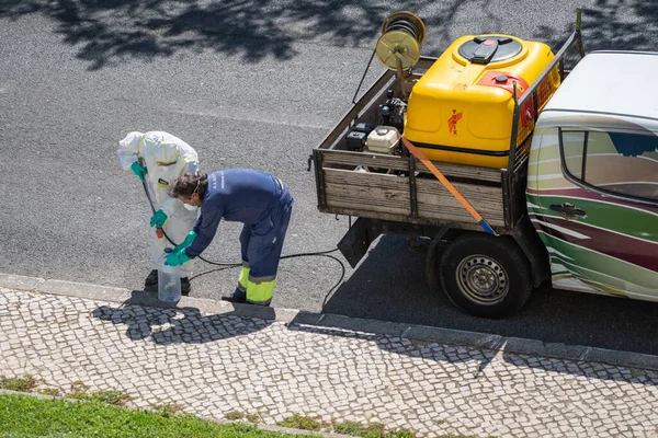 Scenic Shot Team Disinfecting Streets Lisbon Portugal Covid Virus — Stock Photo, Image