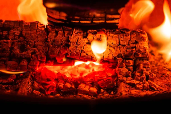 篝火在燃烧的木炭中燃烧的火焰的垂直射击 — 图库照片