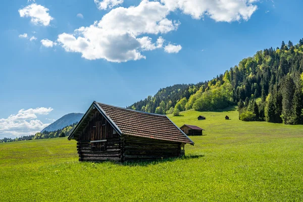 Piękne Ujęcie Drewnianej Chatki Nad Lasem Górach Karwendel Bawaria — Zdjęcie stockowe