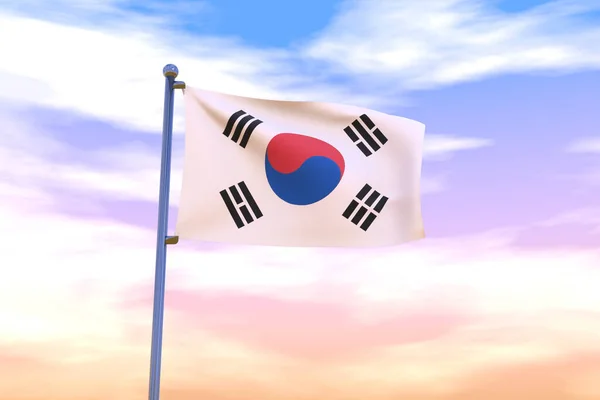 Rendered Waving Flag South Korea Chrome Flagpole Colorful Sky — Stock Photo, Image