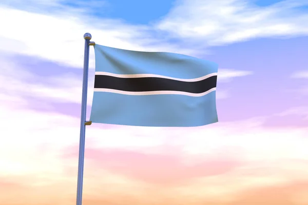 在蓝色的天空中 一个带着彩色旗杆的博茨瓦纳飘扬的国旗的3D图片 — 图库照片