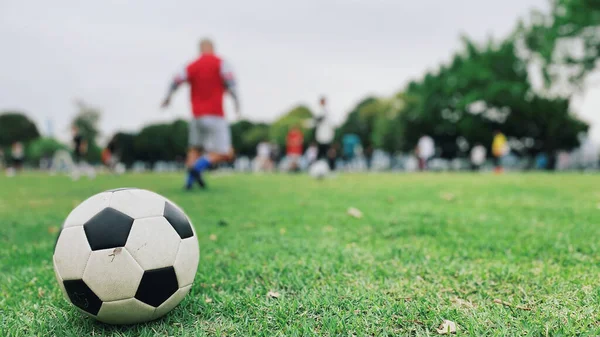 Futbol Sahasındaki Bir Topun Seçici Odak Noktası — Stok fotoğraf