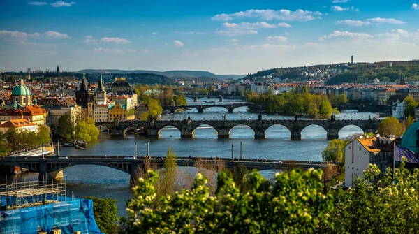 Uma Bela Paisagem Rio Vltava Com Longas Pontes Cidade Praga — Fotografia de Stock