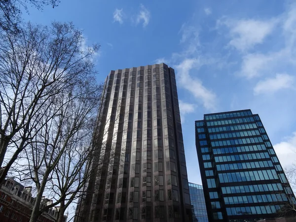 Een Lage Hoek Van Grijze Blauwe Wolkenkrabbers Van London Skyline — Stockfoto