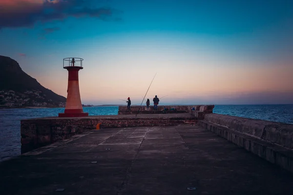 Back View People Fishing Lighthouse Kalk Bay Fishing Village Sunset — Stock Photo, Image