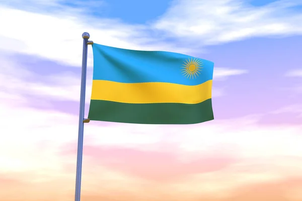 A waving flag of Rwanda on a flag pole with the cloudy sky on the background