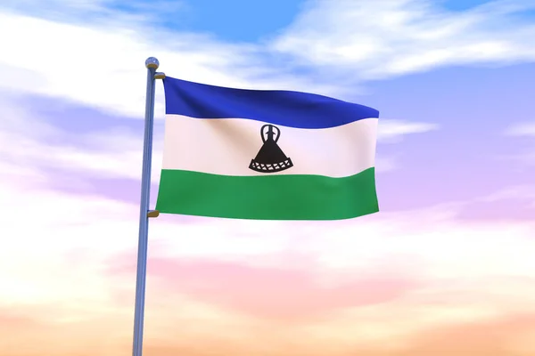 Eine Illustration Einer Wehenden Flagge Von Lesotho Mit Einem Chromfarbenen — Stockfoto