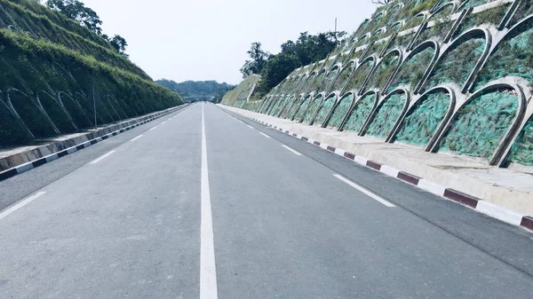 澄んだ空の下の両側から植物に囲まれた空の高速道路 — ストック写真