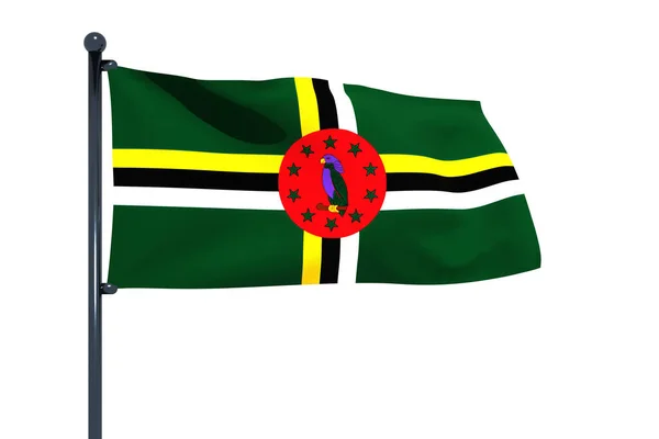 Een Wapperende Vlag Van Dominica Een Vlaggenmast Geïsoleerd Een Witte — Stockfoto