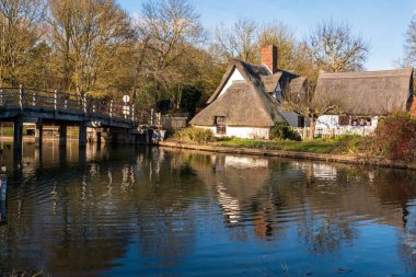 Bir sonbahar günü ormanlık alanda küçük bir nehir, bir köprü ve küçük bir kırsal bina manzarası.