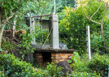 Ortasında küçük bir duvar olan güzel bir yeşil alan.