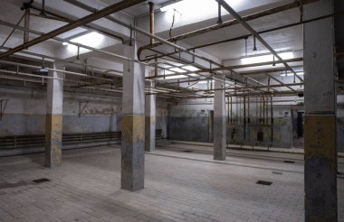 Mauthausen toplama kampı anıtı. Soyunma, saç kesimi, çamaşır ve duş odaları. Seçici odaklanma. Güneşli yaz günü