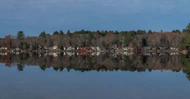 Temiz bir gölün panoramik bir görüntüsü. Sahilde orman ve kırsal evler huzurlu görünüyor.