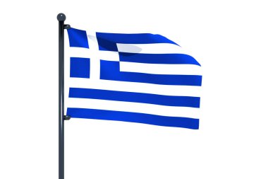 Beyaz arka planda izole edilmiş krom bir bayrak direğiyle Yunanistan bayrağının üç boyutlu bir çizimi