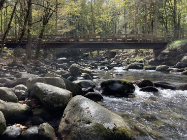 Üzerinde köprü olan bir nehir akıntısının yakın çekimi.