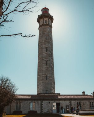 Mavi bir arka planda, ağaç dalları arasından çevrili bir deniz fenerinin dikey görüntüsü