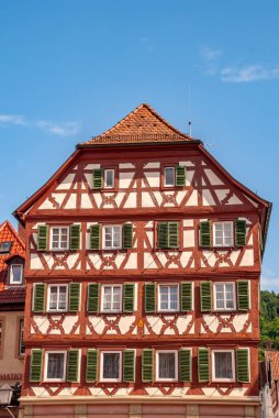 A closeup of a house with a blue sky background