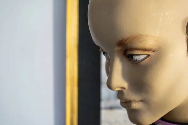 A closeup of a female mannequin\'s face