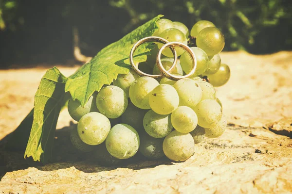 Closeup Shot Grapes Green Leaves Wedding Rings — Stock Photo, Image