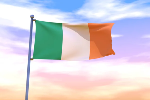 Renderowana Flaga Irlandii Chromowanym Masztem Kolorowym Niebie — Zdjęcie stockowe