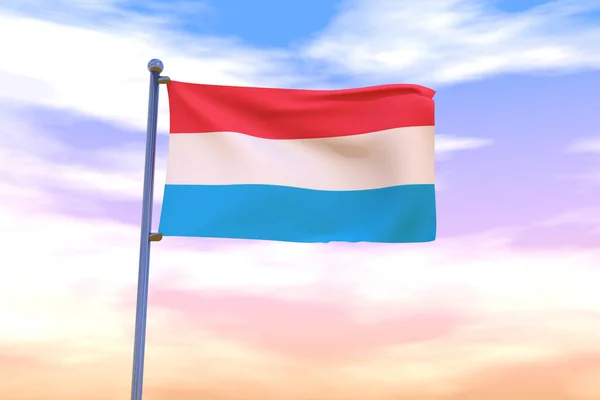 在多云落日的天空中 飘扬的卢森堡国旗和彩色旗杆在风中飘扬的3D图像 — 图库照片