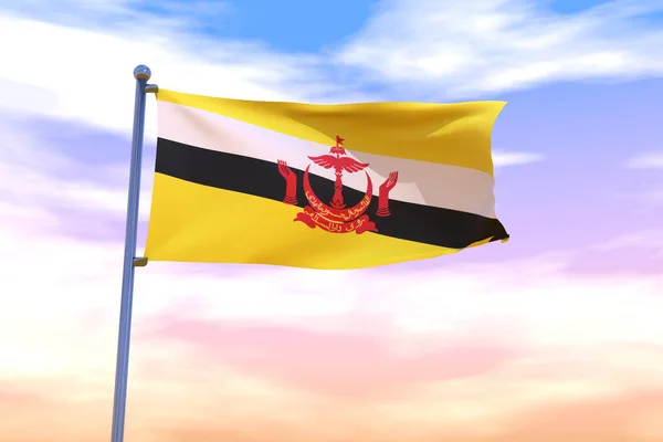 Gün Batımında Krom Bayrak Direğiyle Brunei Darussalam Dalgalanan Bayrağının Boyutlu — Stok fotoğraf