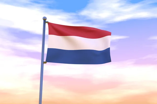 風に揺れる夕日の空にクロームの旗竿を持つオランダの波の旗の3Dイラスト 透明度の高い高解像度の旗 — ストック写真