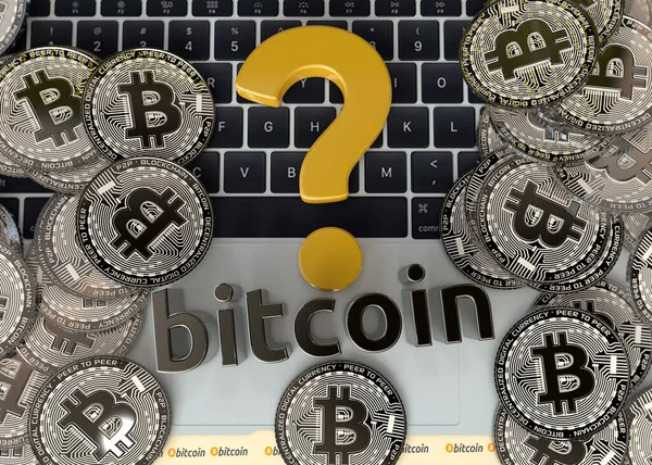 Una Representación Montón Bitcoins Signo Interrogación Teclado Ordenador Portátil —  Fotos de Stock