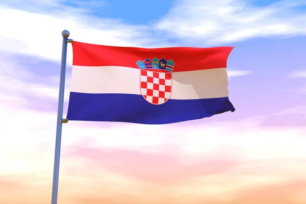 Illustration Drapeau Agitant Croatie Avec Mât Drapeau Chromé Dans Ciel — Photo