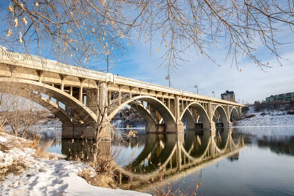 Une Vue Panoramique Pont Qui Reflète Dans Rivière Les Branches — Photo