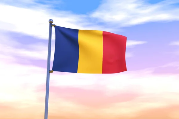 Viftande Flagga Rumänien Flaggstång Med Molnig Himmel Bakgrunden — Stockfoto